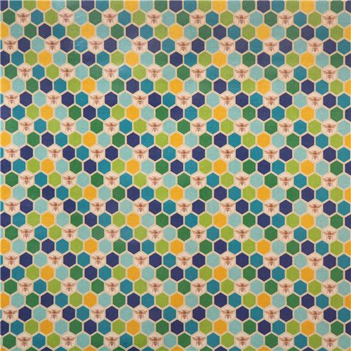 bee echino Canvas laminate fabric blue green honeycomb 2