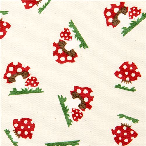 beige Kokka oxford fabric with toadstools du Japon1