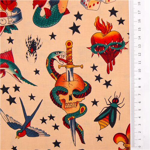 Stoffrest (38 x 114 cm) - beiger Alexander Henry Tattoo Bilder Stoff natural 3