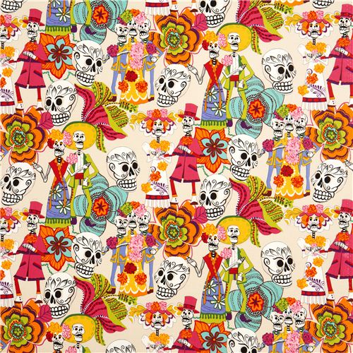 beige Alexander Henry fabric with skeletons and skulls 2