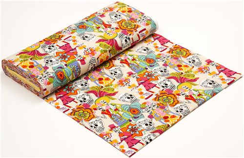 beige Alexander Henry fabric with skeletons and skulls 3