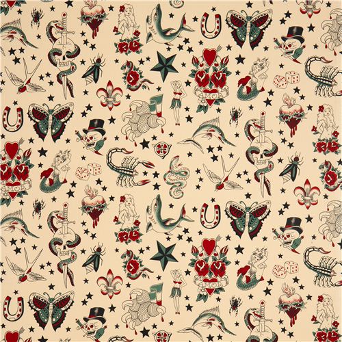 beige Alexander Henry fabric with tattoo paintings 2