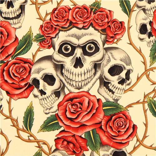 beige Alexander Henry roses and skulls fabric Fabric by Alexander Henry ...