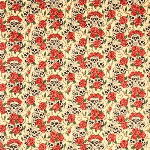 Remnant (38 x 114 cm) - beige Alexander Henry roses and skulls fabric 2