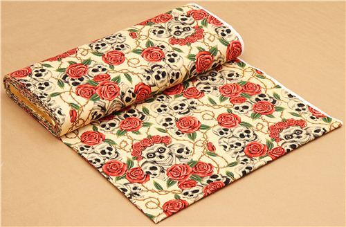 Remnant (38 x 114 cm) - beige Alexander Henry roses and skulls fabric 3