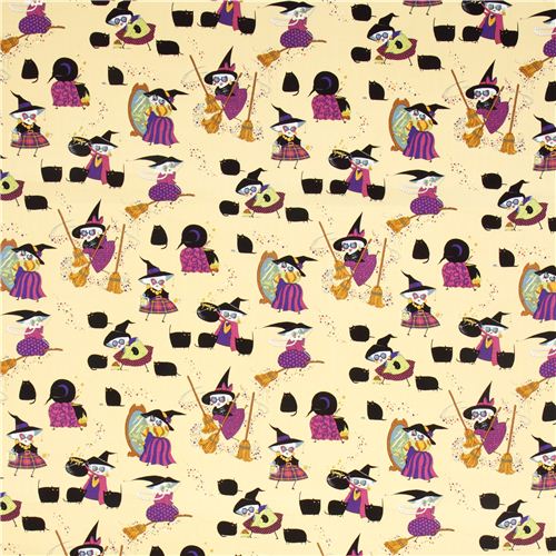 beige Halloween fabric witch broom cat Alexander Henry USA Fabric by ...