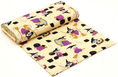 beige Halloween fabric witch broom cat Alexander Henry USA 3