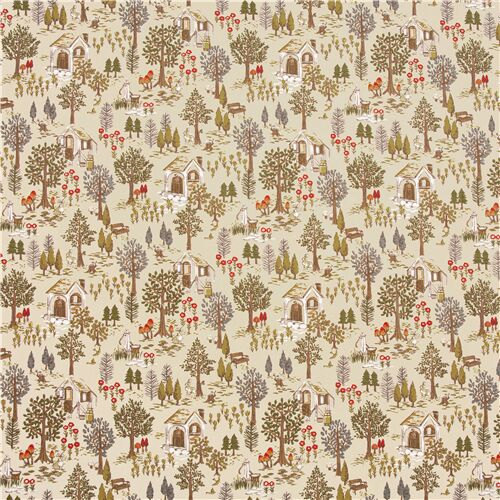 beige Japanese corduroy fabric forest mushroom rabbit flower birds ...