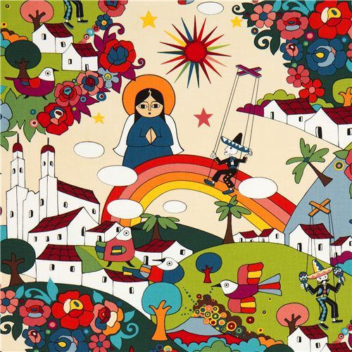 beige Mexican folklore fabric by Alexander Henry 1