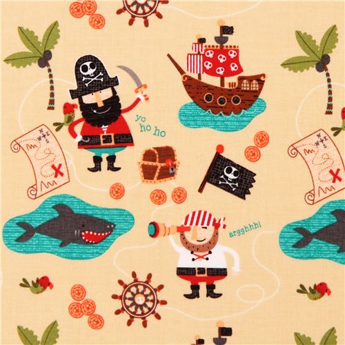 beige Riley Blake colorful pirate shark ship treasure chest fabric