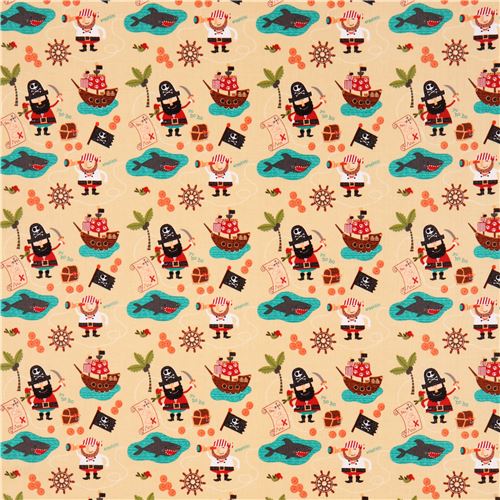 beige Riley Blake colorful pirate shark ship treasure chest fabric