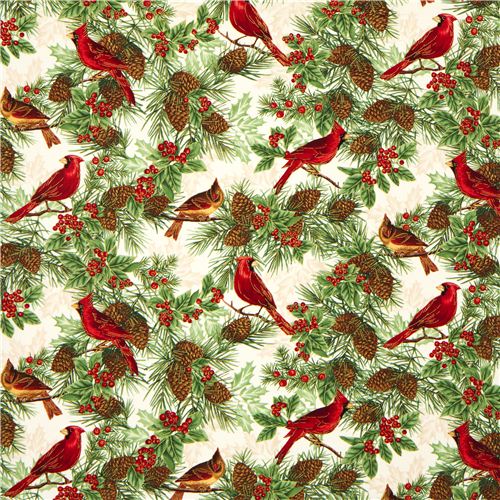 Beige Timeless Treasures Christmas Fabric Birds Fir Cone Fabric By 