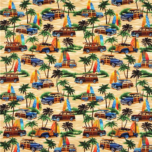beiger Strand Palmen Surfen Retro Stoff Timeless Treasures 2