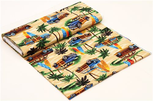 beiger Strand Palmen Surfen Retro Stoff Timeless Treasures 3