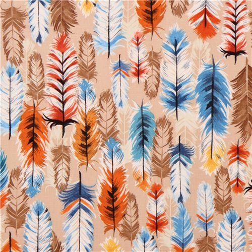 beige bird feather colorful fabric Timeless Treasures Fabric by ...