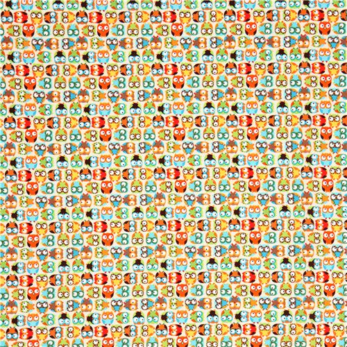 beige designer owl fabric with small colourful owls - modeS4u