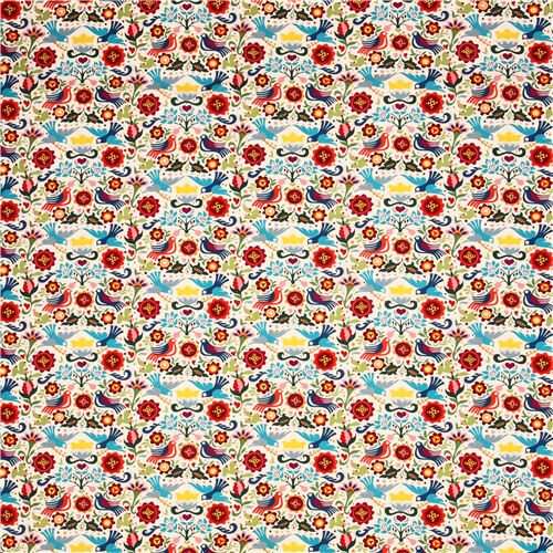 Rimanenza di (21 x 114 cm) - tessuto beige colombe e fiori Alexander Henry La Paloma 0