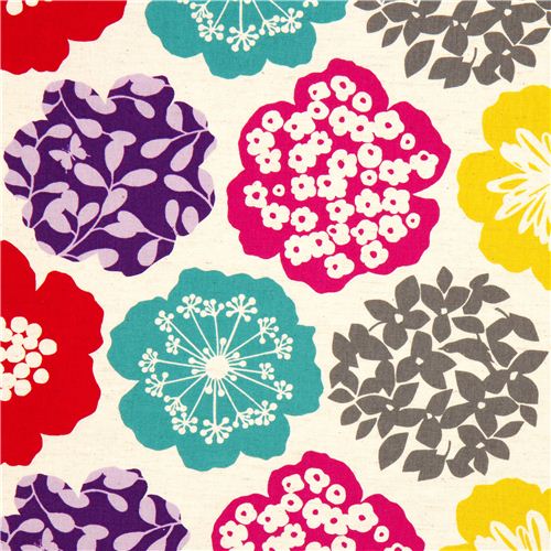 beiger echino Canvas Stoff mit bunten Blumen aus Japan 1