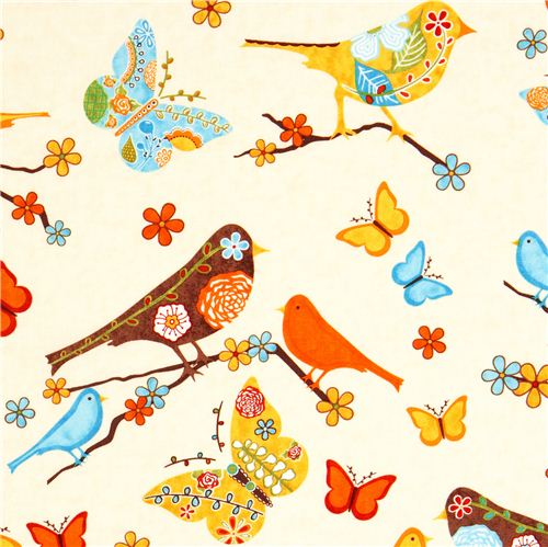 beige fabric bird flower butterfly Robert Kaufman 1
