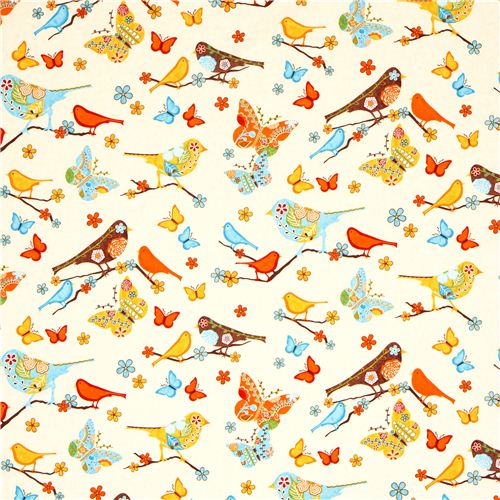 beige fabric bird flower butterfly Robert Kaufman 2