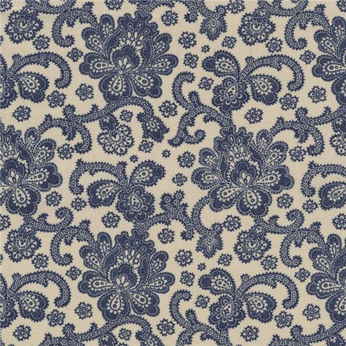 beige fabric with navy blue Jacobean flower design by Timeless ...