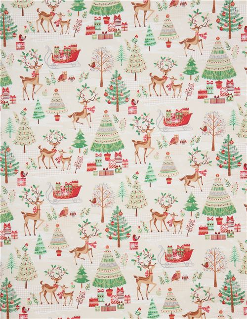 beige fabric with reindeer Christmas tree gold metallic embellishment ...