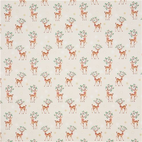 beige fabric with reindeer gold metallic embellishment makower uk ...