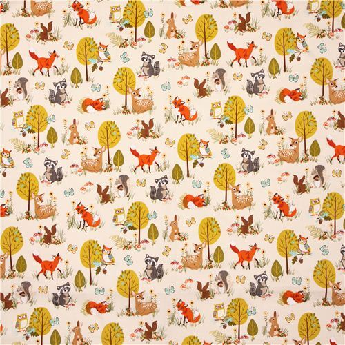 beige forest animal & tree fabric 'Forest Fellows' by Robert Kaufman ...