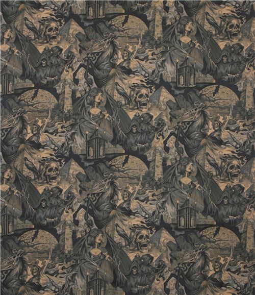 beige-grey-brown Alexander Henry gothic skull fabric with demons  3