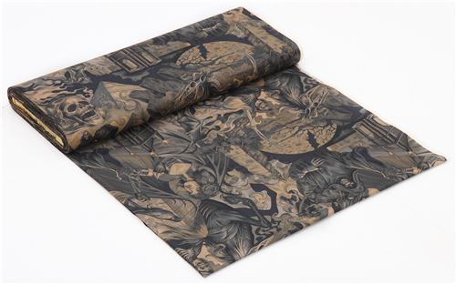 beige-grey-brown Alexander Henry gothic skull fabric with demons  4