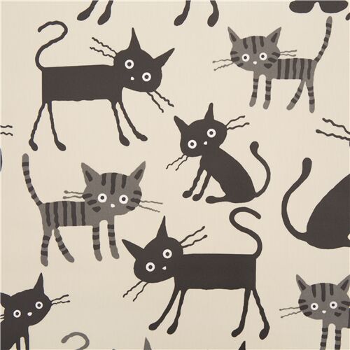 beige laminate fabric from Japan with cute black grey and striped cats ...