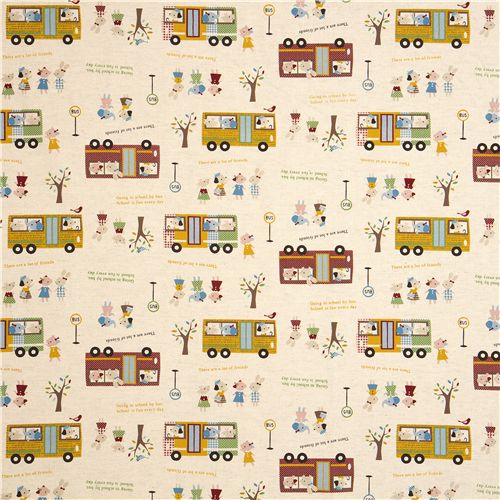 beige lino fabric animal children in school bus Kokka 2