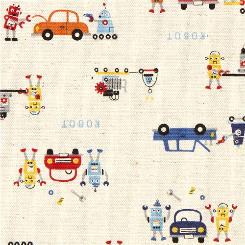 beige linen fabric robots cars by Kokka Japan 1