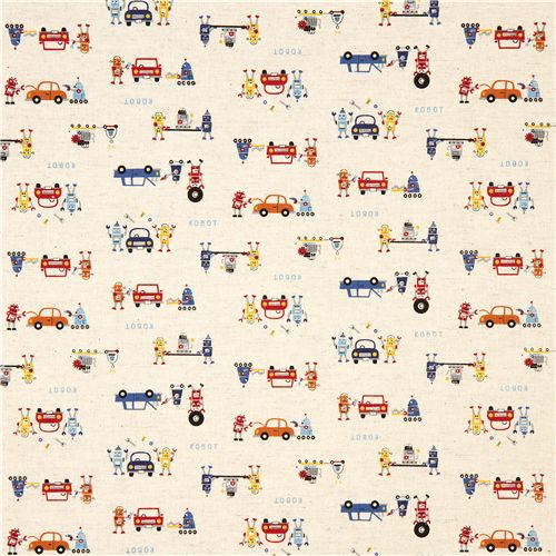 beige linen fabric robots cars by Kokka Japan 2
