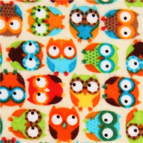 beige mini owl flannel fabric with small colourful owls Fabric by