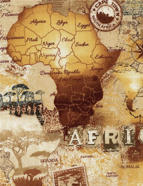 beige orange Africa map fabric Timeless Treasures  2