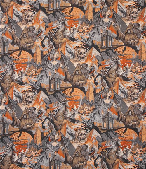 beige-orange Alexander Henry gothic skull fabric with demons  3