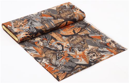 beige-orange Alexander Henry gothic skull fabric with demons  4