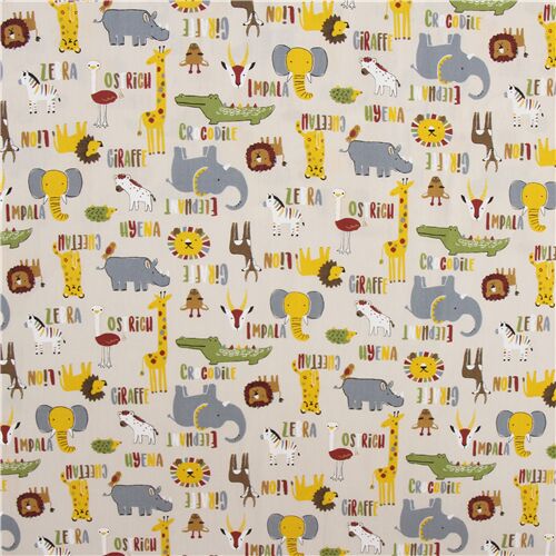 beige taupe zoo animals elephant zebra crocodile Japanese cotton fabric ...