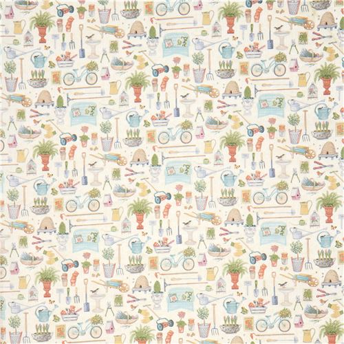 beige with garden tool fabric Andover USA Antique Garden 2017 Retro