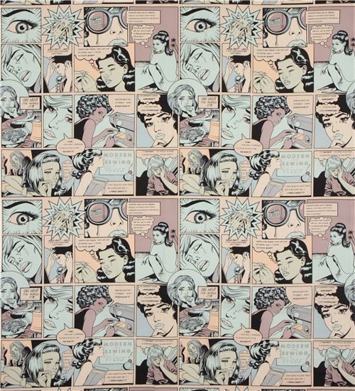 big comic book style Alexander Henry beige mint green fabric Sewing ...