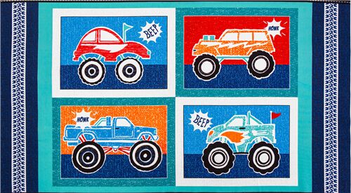 Tissu  panneaux coton bleu  bordures monster trucks gros pneus Tissu