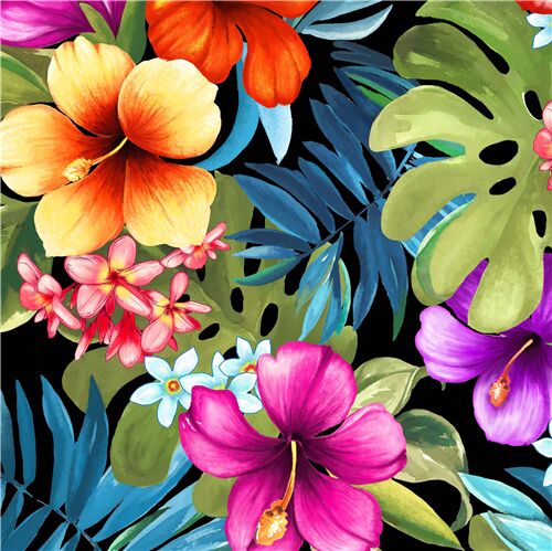 Tela de grandes hojas y flores tropicales con hibiscos de Michael Miller -  modesS4u