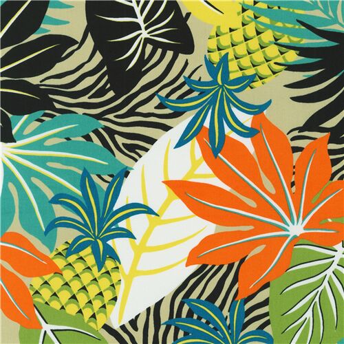 Remnant (16 x 112 cm) big tropical leaf and pineapple pattern fabric