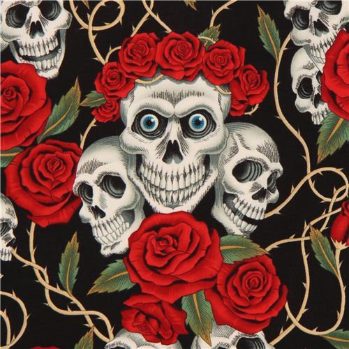 black Alexander Henry fabric roses and white skulls Fabric by Alexander ...