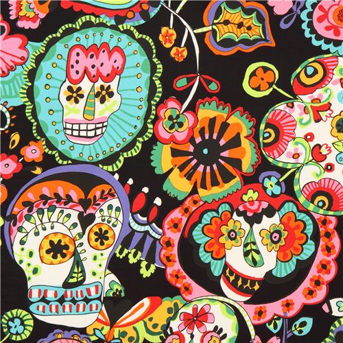 black Alexander Henry flower skull fabric USA 1