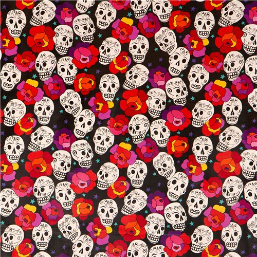 black Alexander Henry laminate fabric with skulls, roses Fabric by ...