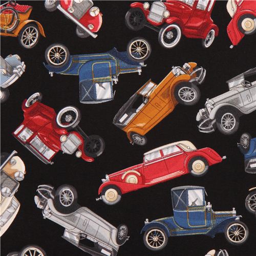 black 'Antique Cars' old cars fabric by Timeless Treasures USA - modeS4u