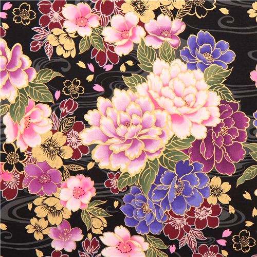 black Asia flower bouquet pond fabric gold Kokka Fabric by Kokka - modeS4u