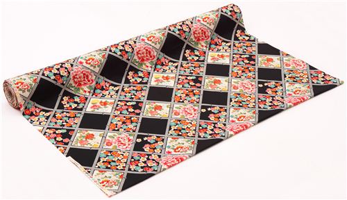 black Asia flower checker pattern Kokka fabric from Japan 3